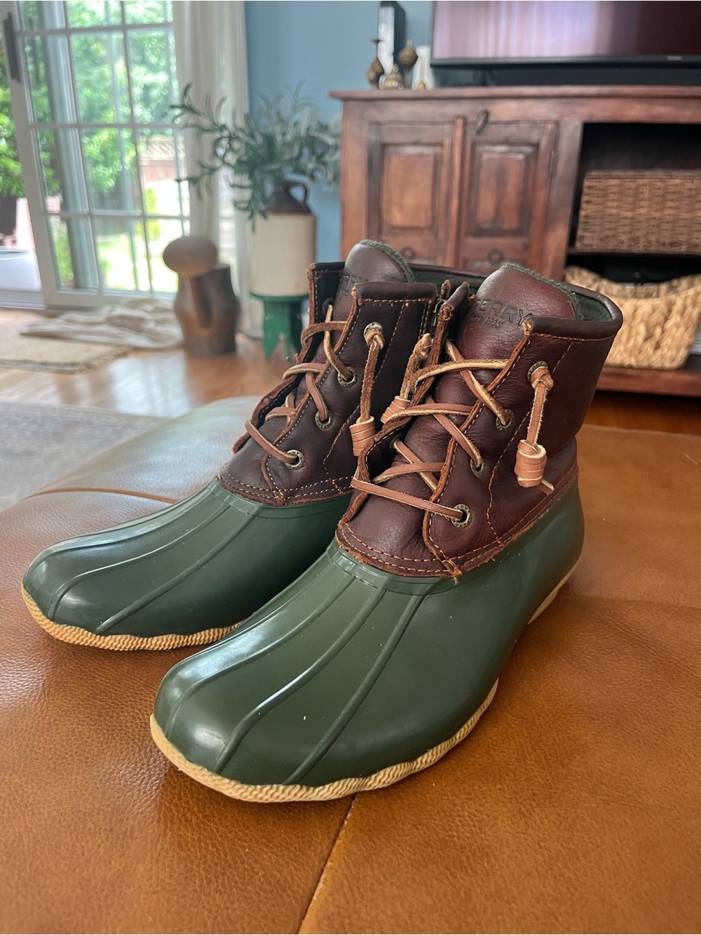 Sperry Saltwater Duck Boots Womens 7 Green Brown Leather  Waterproof Cabincore